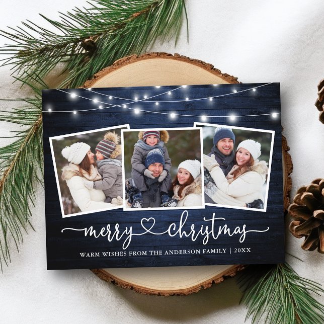 Carte Postale Calligraphie Coeur Noël Bleu Bois Lumières (Customize to change your personalized text size or text style.)