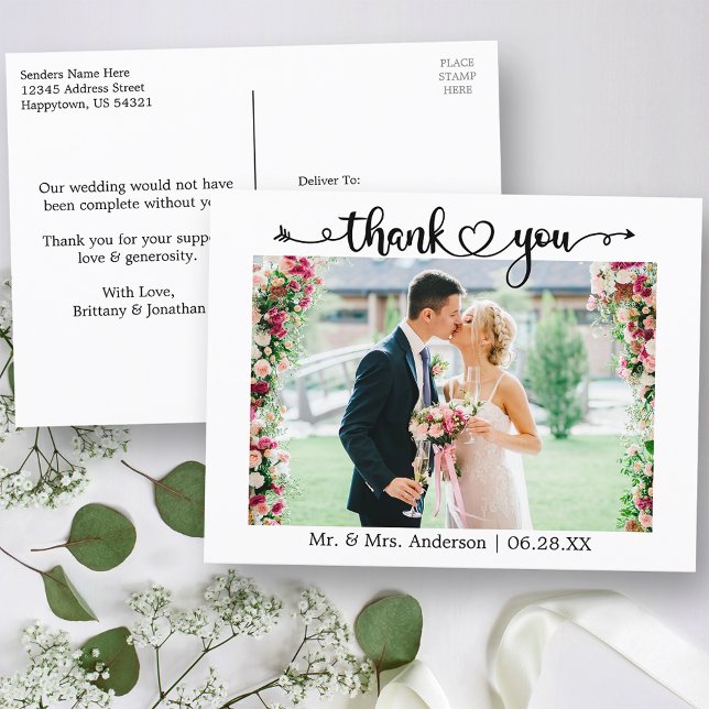 Carte Postale Calligraphie Coeur Photo Mariage Merci (Customize to change your personalized text size or text style.)