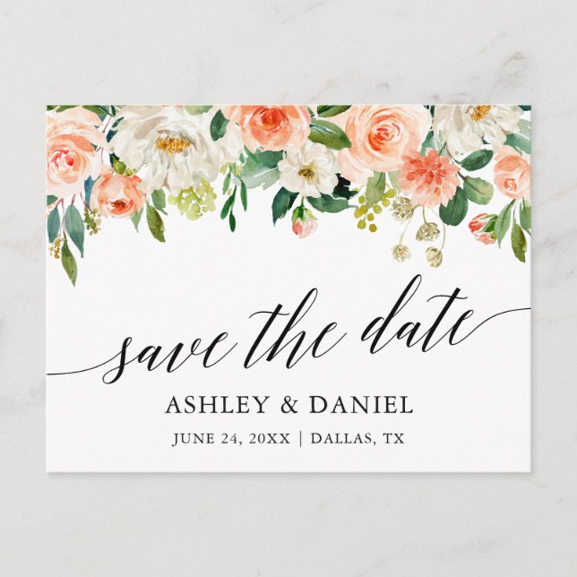 Carte Postale Calligraphie Coral Floral Enregistrer La Date (Devant)