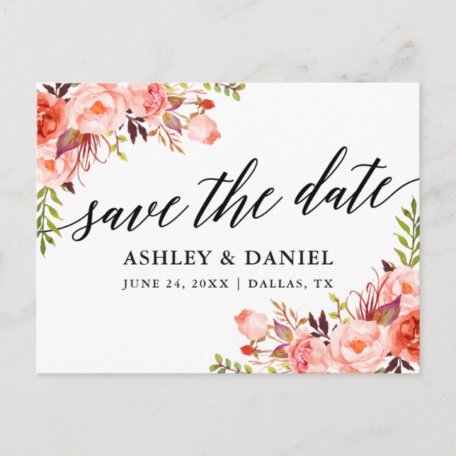 Carte Postale Calligraphie Coral Floral Enregistrer La Date (Devant)