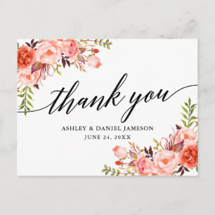 Carte Postale Calligraphie Coral Floral Mariage Merci