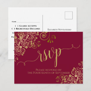 Carte Postale Calligraphie dorée dentelle bordeaux rouge mariage