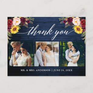 Carte Postale Calligraphie Floral Mariage Merci en bois bleu