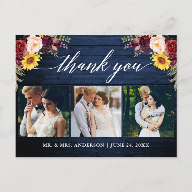 Carte Postale Calligraphie Floral Mariage Merci en bois bleu (Devant)