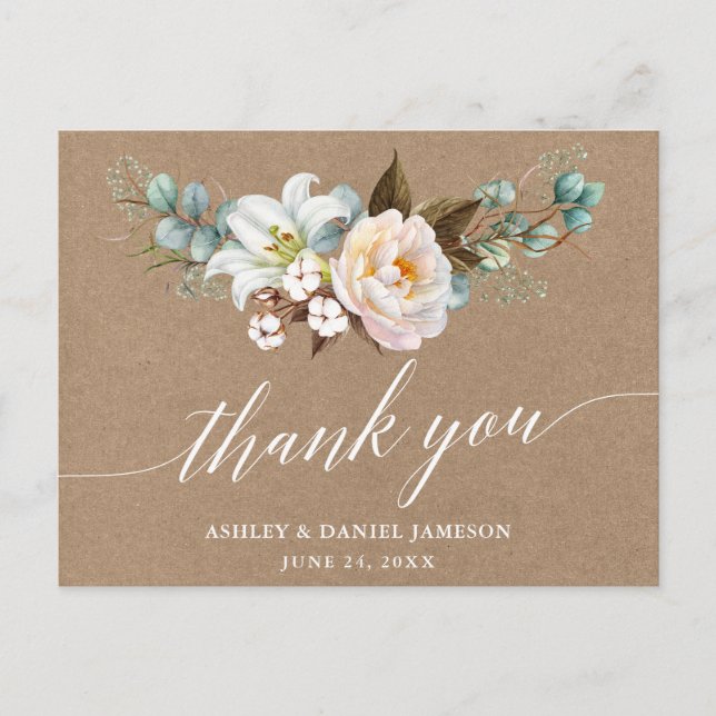 Carte Postale Calligraphie Florale Botanique Mariage Kraft Merci (Devant)