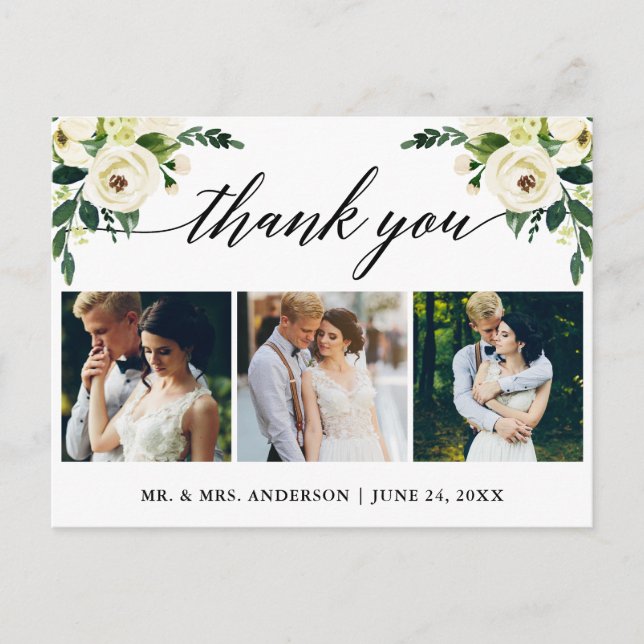 Carte Postale Calligraphie Green Floral Mariage Photo Merci (Devant)