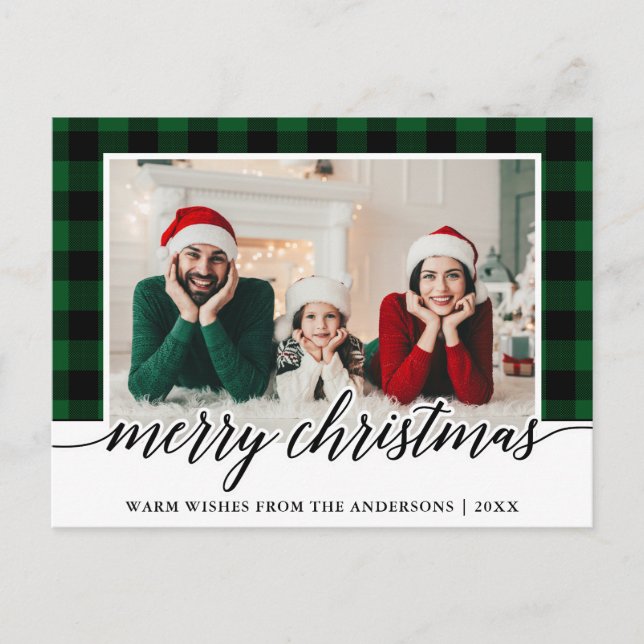 Carte Postale Calligraphie Green Plaid Photo de famille Noël (Devant)