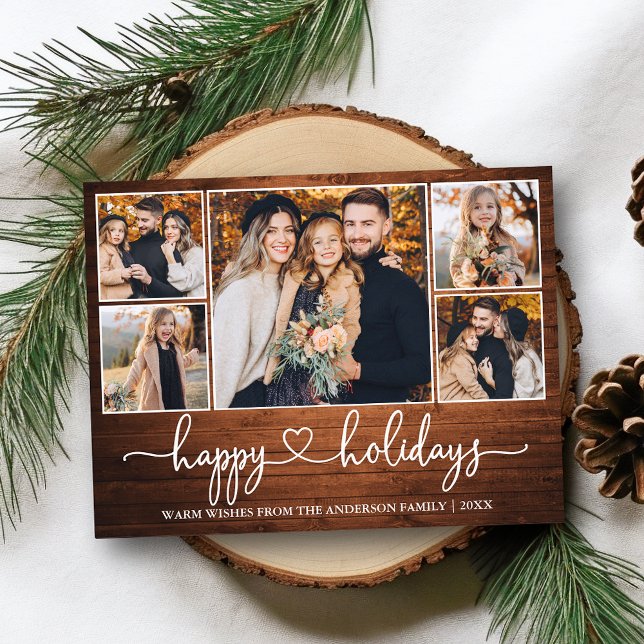 Carte Postale Calligraphie Heart Wood Happy Holidays 5 Photo (Customize to change your personalized text size or text style.)