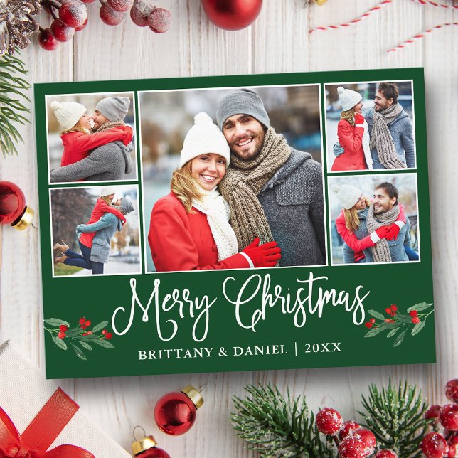 Carte Postale Calligraphie Holly 5 Photo Couple Christmas Green (Customize to change your personalized text size or text style.)