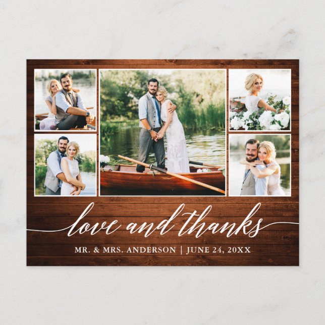 Carte Postale Calligraphie Mariage Bois 5 Photo Amour Merci (Devant)