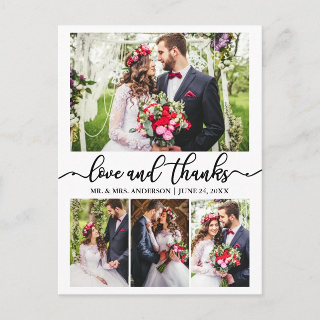 Carte Postale Calligraphie Mariage Collage 4 Photo Love Merci (Devant)