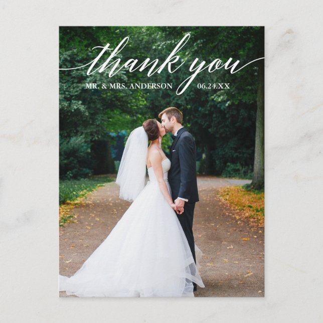 Carte Postale Calligraphie Mariage Photo Elégant Merci (Devant)