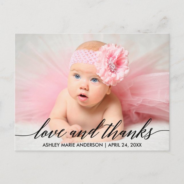 Carte Postale Calligraphie Moderne Bébé Amour et Merci Photo (Devant)