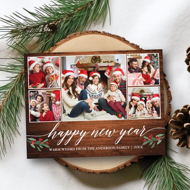 Carte Postale Calligraphie moderne Bois 5 Photo Bonne année (Customize to change your personalized text size or text style.)