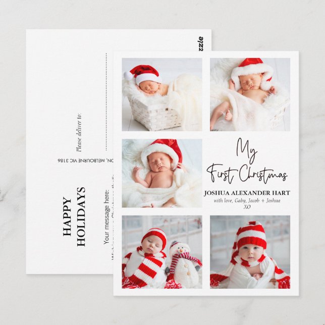 Carte Postale Calligraphie moderne Cinq photos Mon premier Noël (Devant / Derrière)