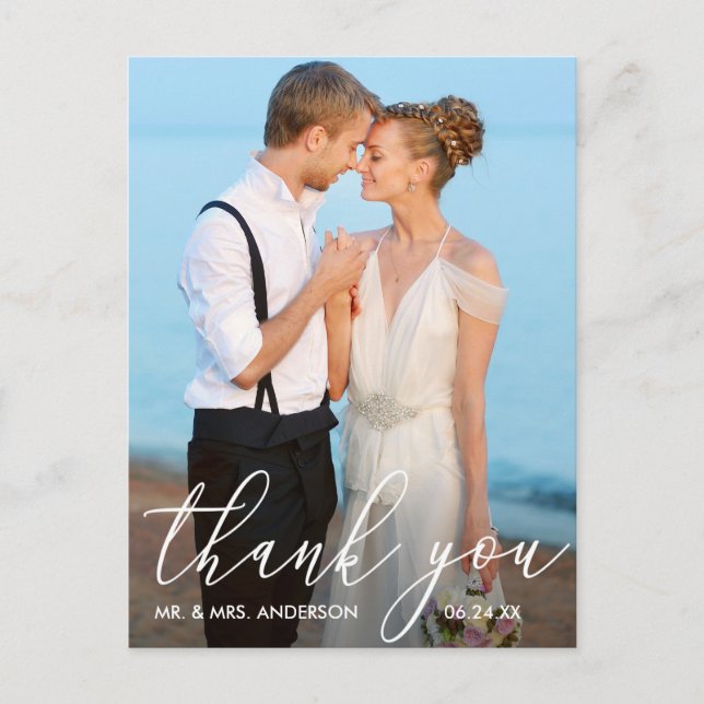 Carte Postale Calligraphie moderne élégante Photo Mariage Remerc (Devant)