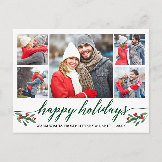 Carte Postale Calligraphie moderne Green Happy Holidays 5 Photo (Devant)