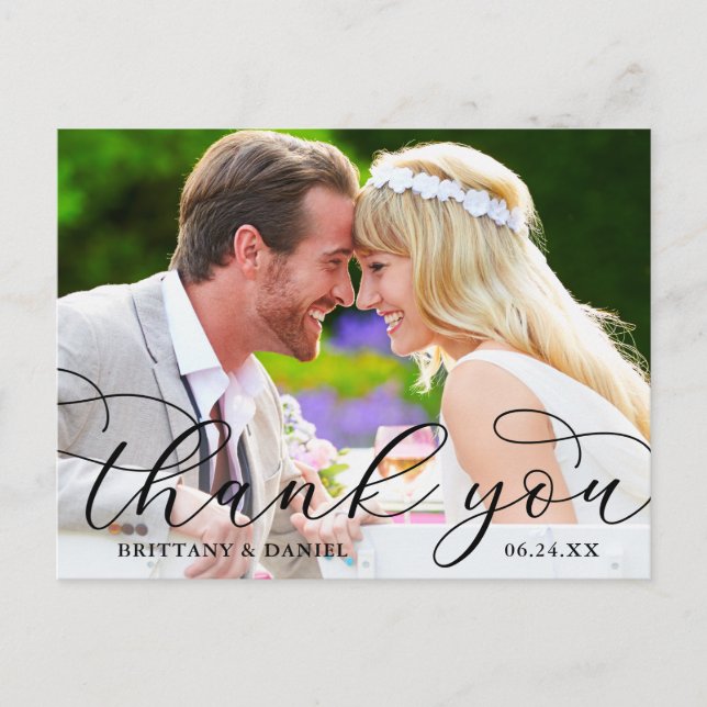 Carte Postale Calligraphie moderne Mariage Couple Photo Merci (Devant)