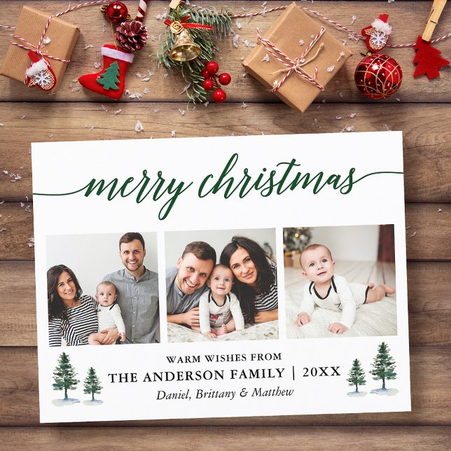 Carte Postale Calligraphie moderne Pins verts Noël 3 Photo (Customize to change your personalized text size or text style.)