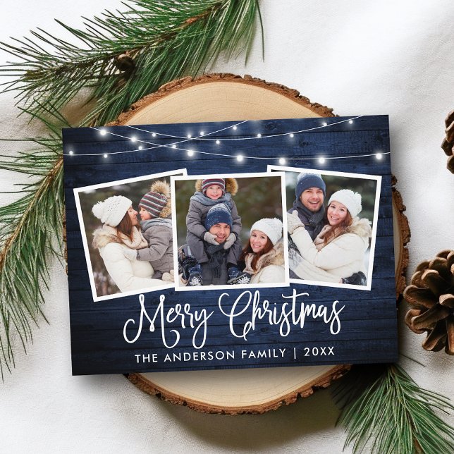 Carte Postale Calligraphie Noël Bleu Bois Lumières 3 Photo (Customize to change your personalized text size or text style.)