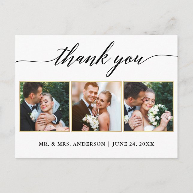 Carte Postale Calligraphie Or Mariage 3 Photo Merci (Devant)