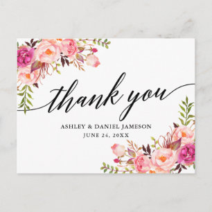 Carte Postale Calligraphie Pink Blush Floral Mariage Merci