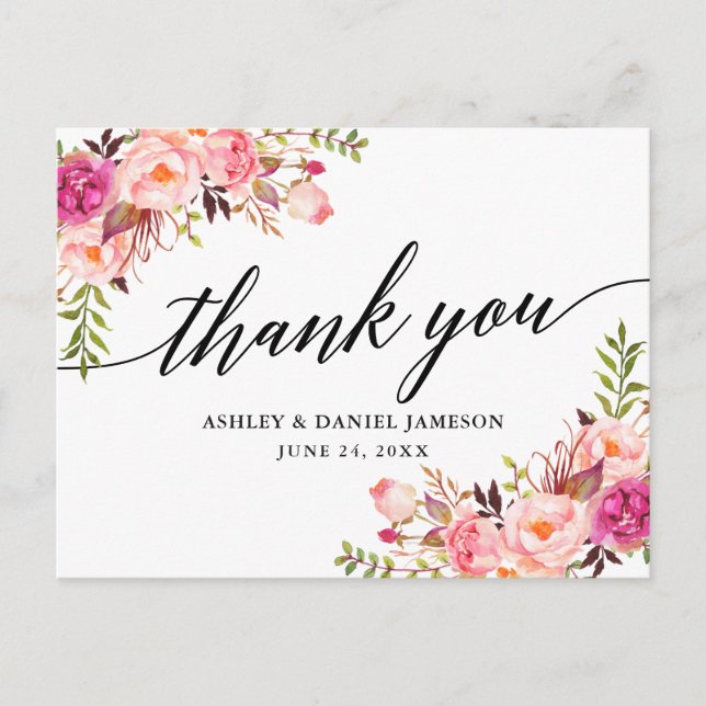 Carte Postale Calligraphie Pink Blush Floral Mariage Merci (Devant)