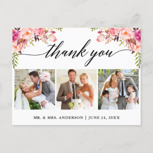 Carte Postale Calligraphie rose Mariage floral 3 Merci photo