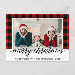 Carte Postale Calligraphie Rouge Plaid Famille Photo Noël