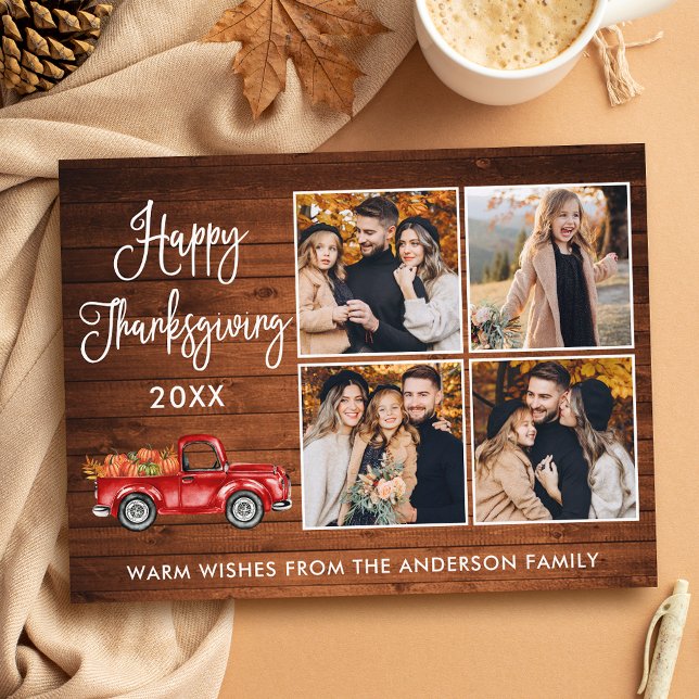 Carte Postale Calligraphie Rustique Bois 4 Photo Thanksgiving Ca (Customize to change your personalized text size or text style.)