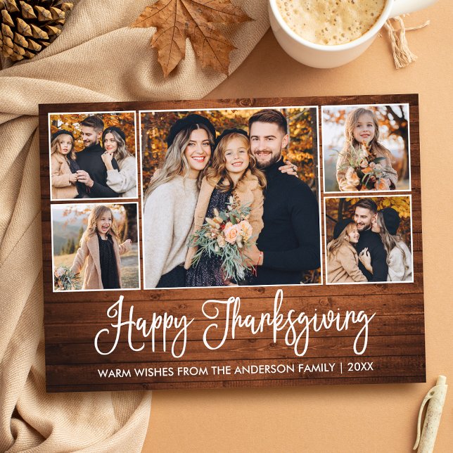 Carte Postale Calligraphie Rustique Bois 5 Photos Thanksgiving (Customize to change your personalized text size or text style.)