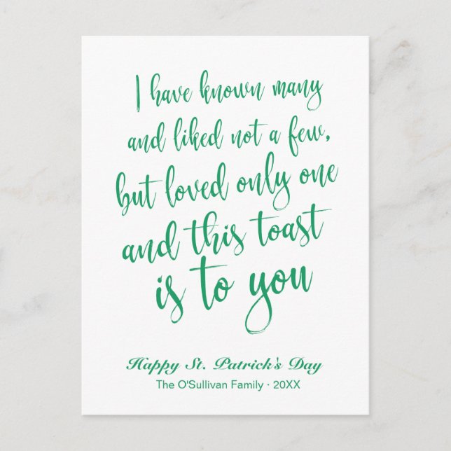 Carte Postale Calligraphie simple Irlandais Toast St. Patrick's  (Devant)