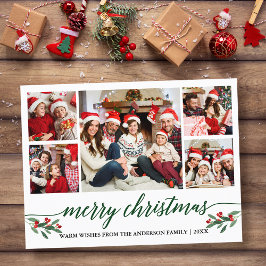Carte Postale Calligraphie verte moderne 5 Photo Famille Noël
