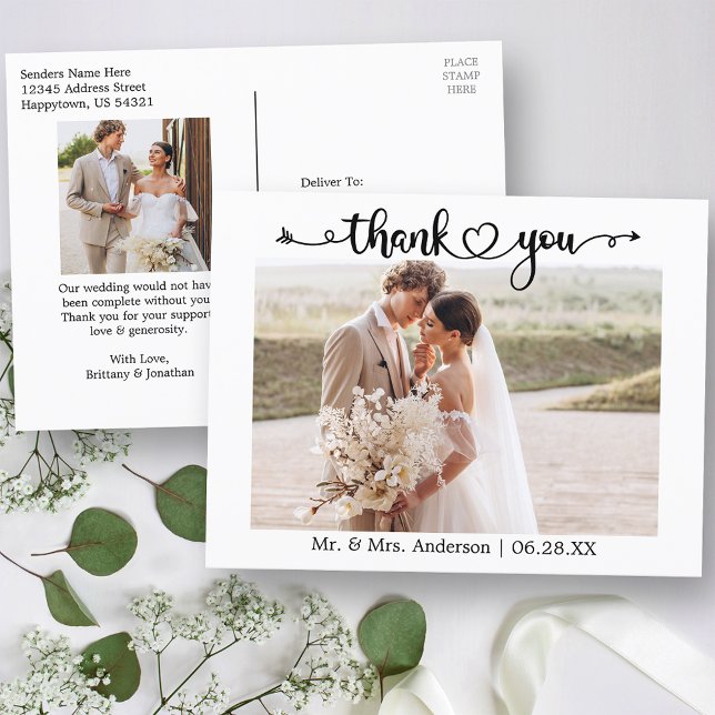 Carte Postale Calligraphy Heart 2 Photo Mariage Remerciement (Customize to change your personalized text size or text style.)
