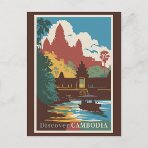Carte Postale Cambodge Temple Illustration Voyage Art Vintage