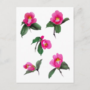 Carte Postale Camélia rose suce encre et aquarelle peinture