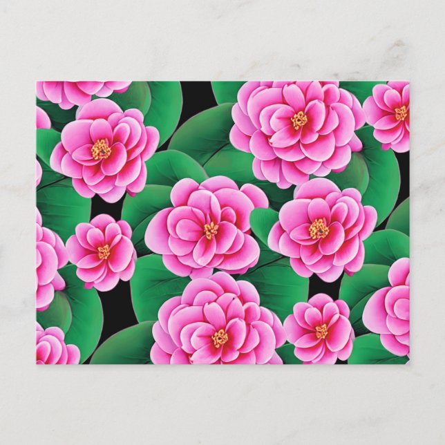 Carte Postale Camélias rose fuchsia et feuilles vert jade (Devant)