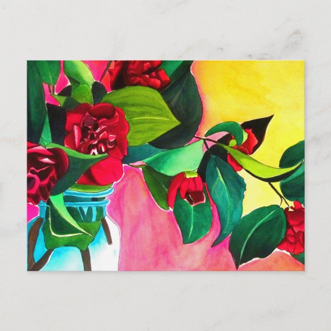 Carte Postale Camellias rouge avec vert (Devant)