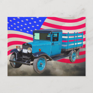 Carte Postale Camion Chevy 1 tonne et drapeau américain 1929