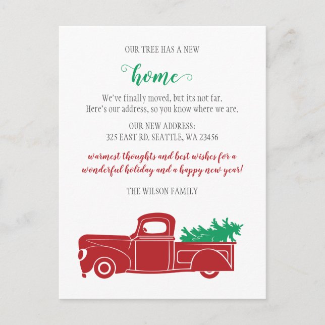 Carte Postale Camion d'arbre de Noël Nous avons déménagé Holiday (Devant)