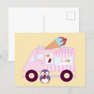 Carte Postale Camion de Glace Bunny Mignon Bleu et Rose