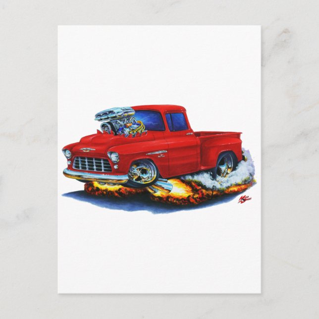Carte Postale Camion rouge Chevy Stepside 1955 (Devant)