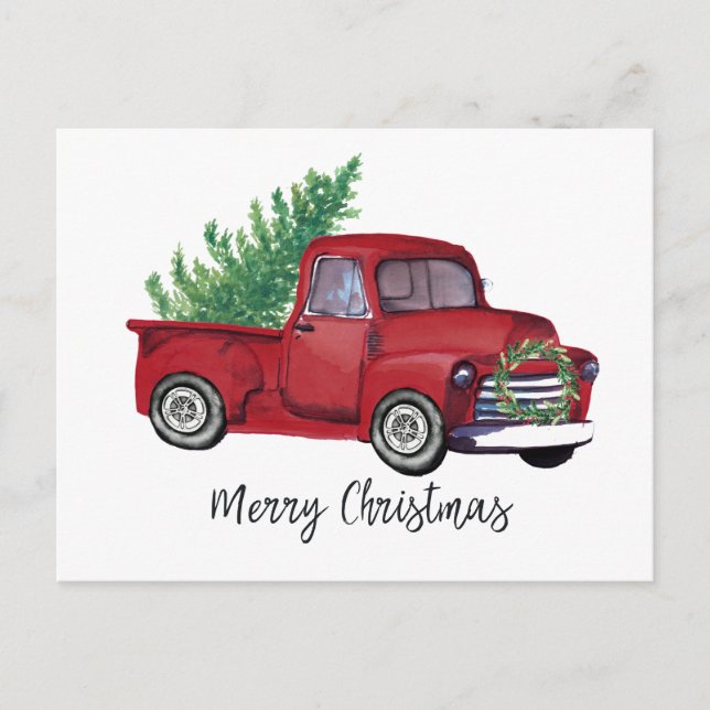 Carte Postale Camion rouge d'aquarelle de Noël agricole (Devant)