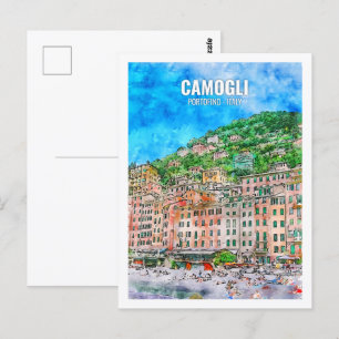 Carte Postale Camogli Portofino Italie Lieu de voyage Aquarelle
