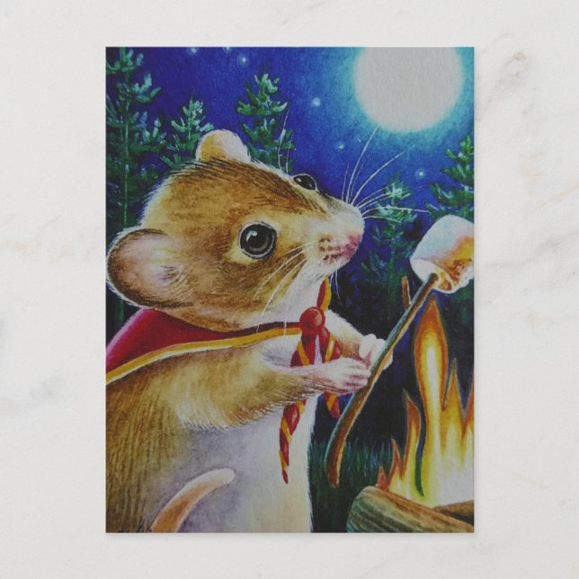 Carte Postale Camping Souris Rôtisseurs Marshmallows Aquarelle A (Devant)