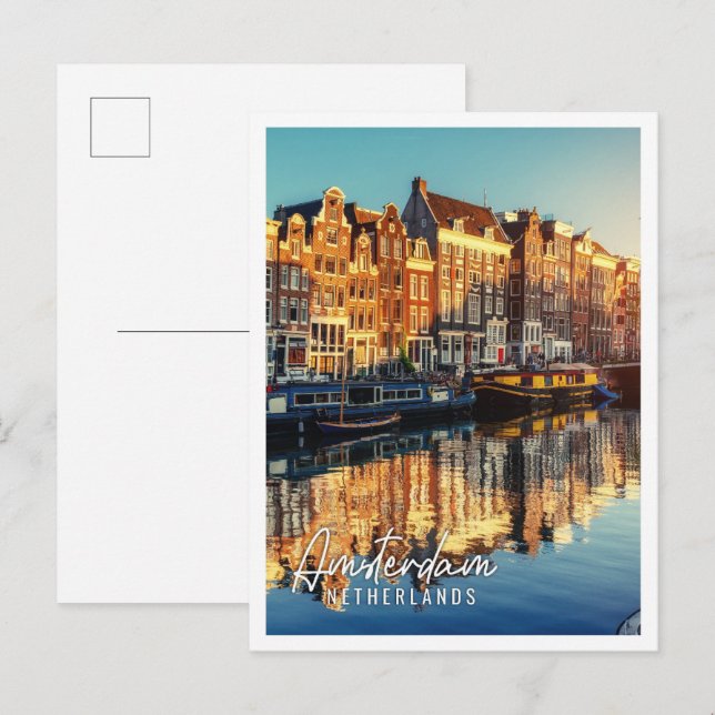 Carte Postale Canal au coucher du soleil Amsterdam Pays-Bas (Devant / Derrière)
