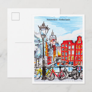 Carte Postale Canal d'Amsterdam Pays-Bas Croquis
