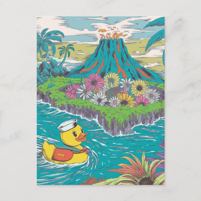Carte Postale Canard en caoutchouc adorable devant un volcan (Devant)