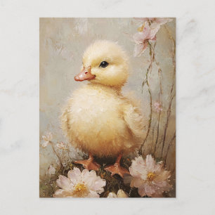Carte Postale Caneton fantaisiste avec fleurs Art de printemps
