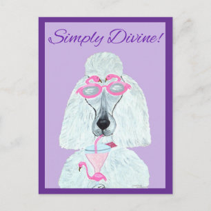Carte Postale Caniche avec un verre au flamant rose